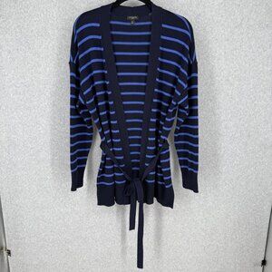 Talbots Womens Stripe Belted Cardigan Size M Petite Navy Blue Knit Classic Tie